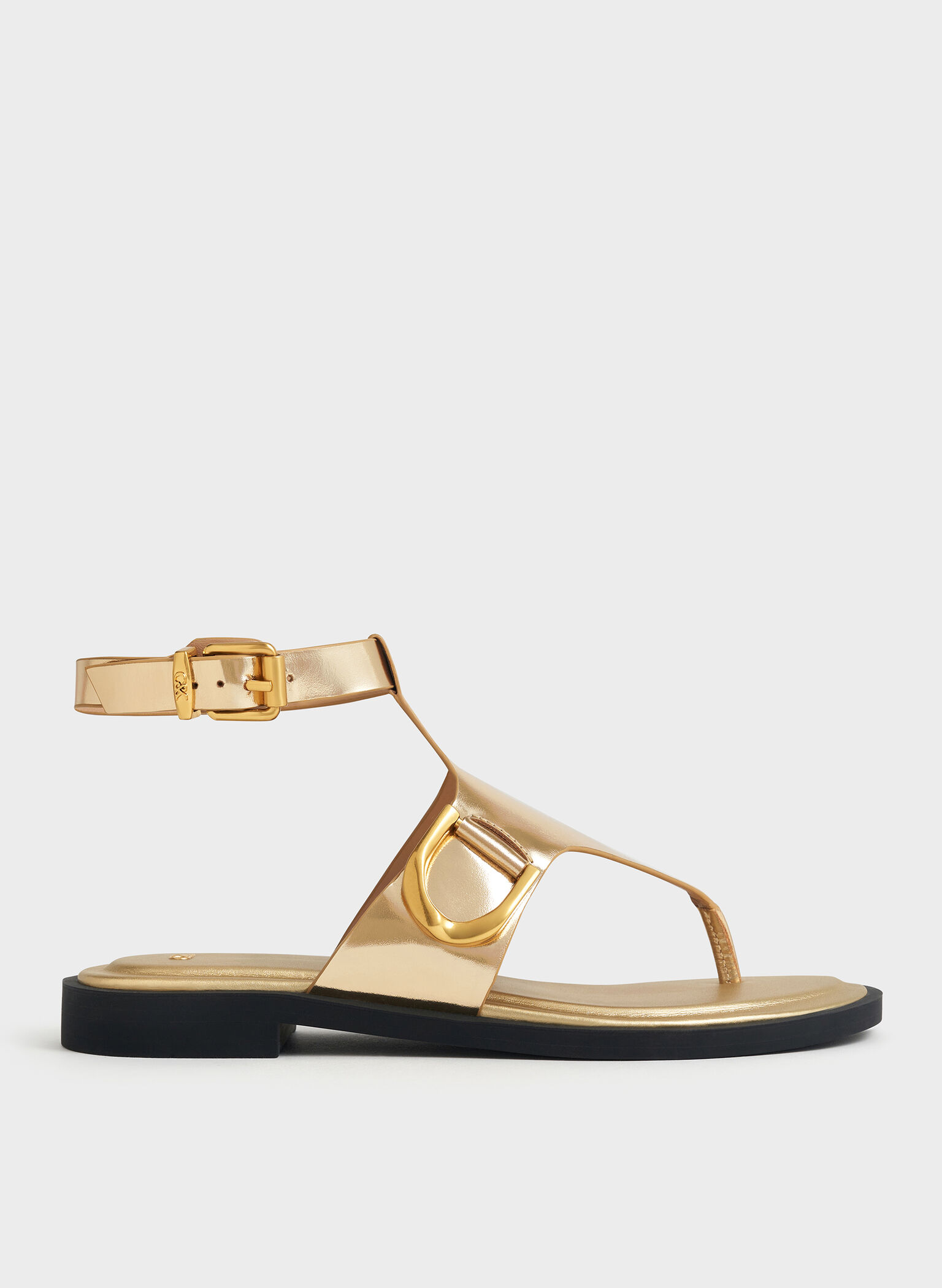 Gabine Metallic Leather Ankle-Strap Thong Sandals, Dorado, hi-res