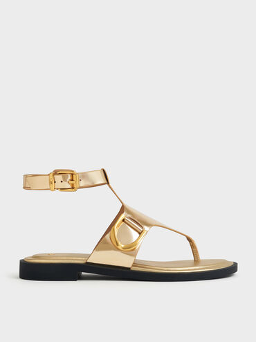 Gabine Metallic Leather Ankle-Strap Thong Sandals, Dorado, hi-res