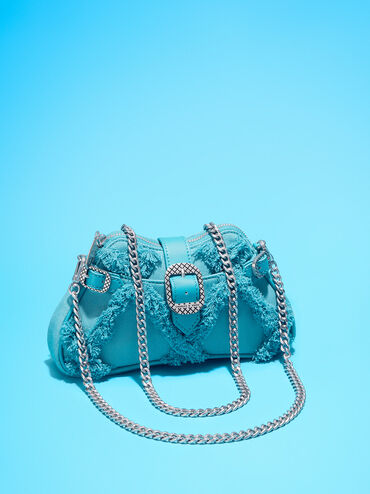 Eilith Chain-Handle Denim Buckled Bag, Blue, hi-res