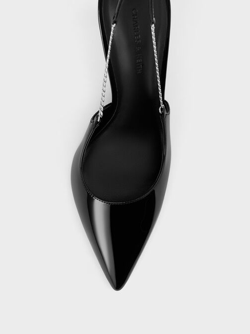 Zapatos de tacón destalonados en charol con punta afilada y cadena, Charol negro, hi-res