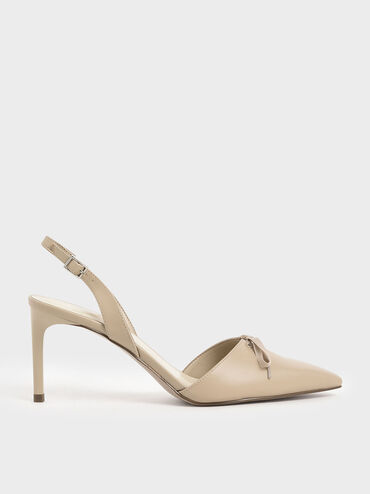 Ribbon Tie Slingback Heels, Beige, hi-res