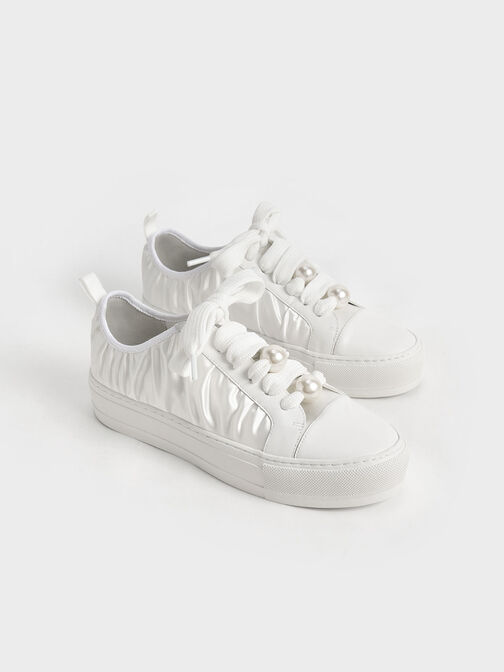 Blythe Leather & Satin Bead-Embellished Sneakers, White, hi-res