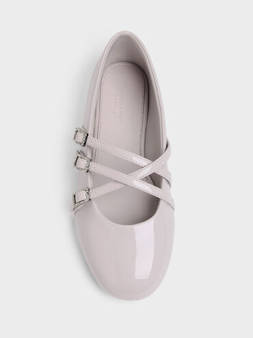 Girls' Patent Triple-Strap Mary Jane Flats, Lilac, hi-res