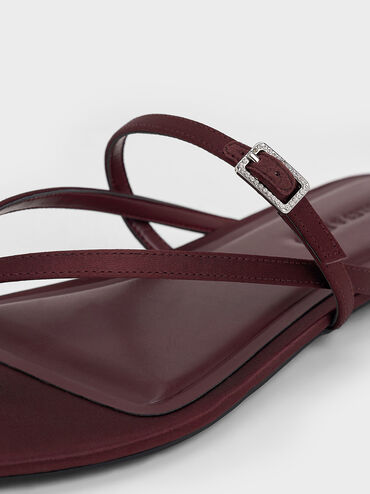 Recycled Polyester Crystal-Buckle Strappy Thong Sandals, Burgundy, hi-res