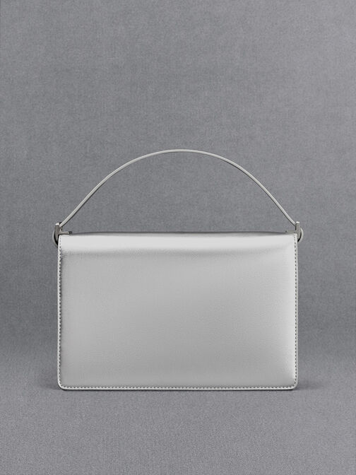 Metallic Leather Shoulder Bag, Silver, hi-res