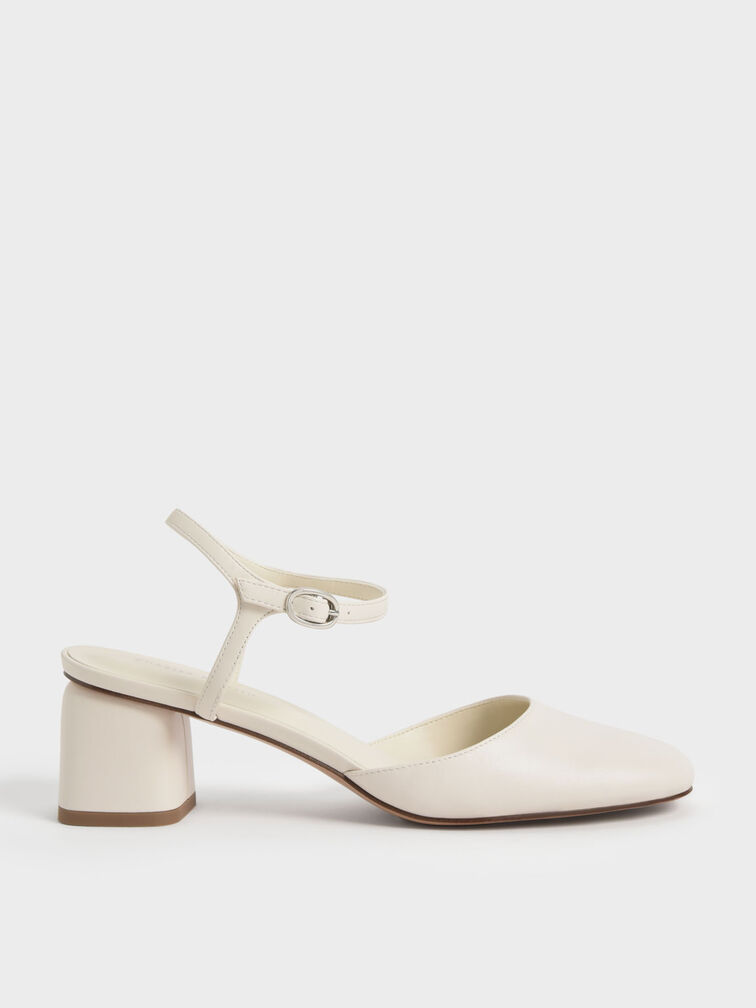 Round Toe Ankle-Strap Pumps, Cream, hi-res