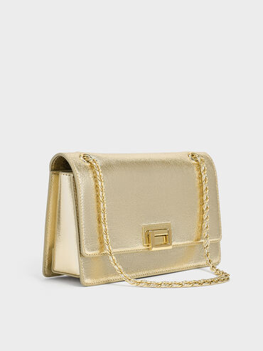Bolso Everline con correa trenzada y purpurina, Dorado, hi-res