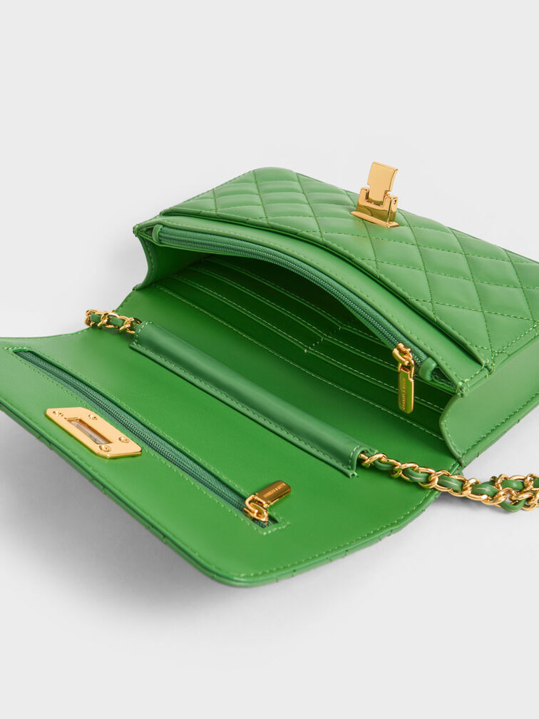 Quilted Push-Lock Clutch, Green, hi-res