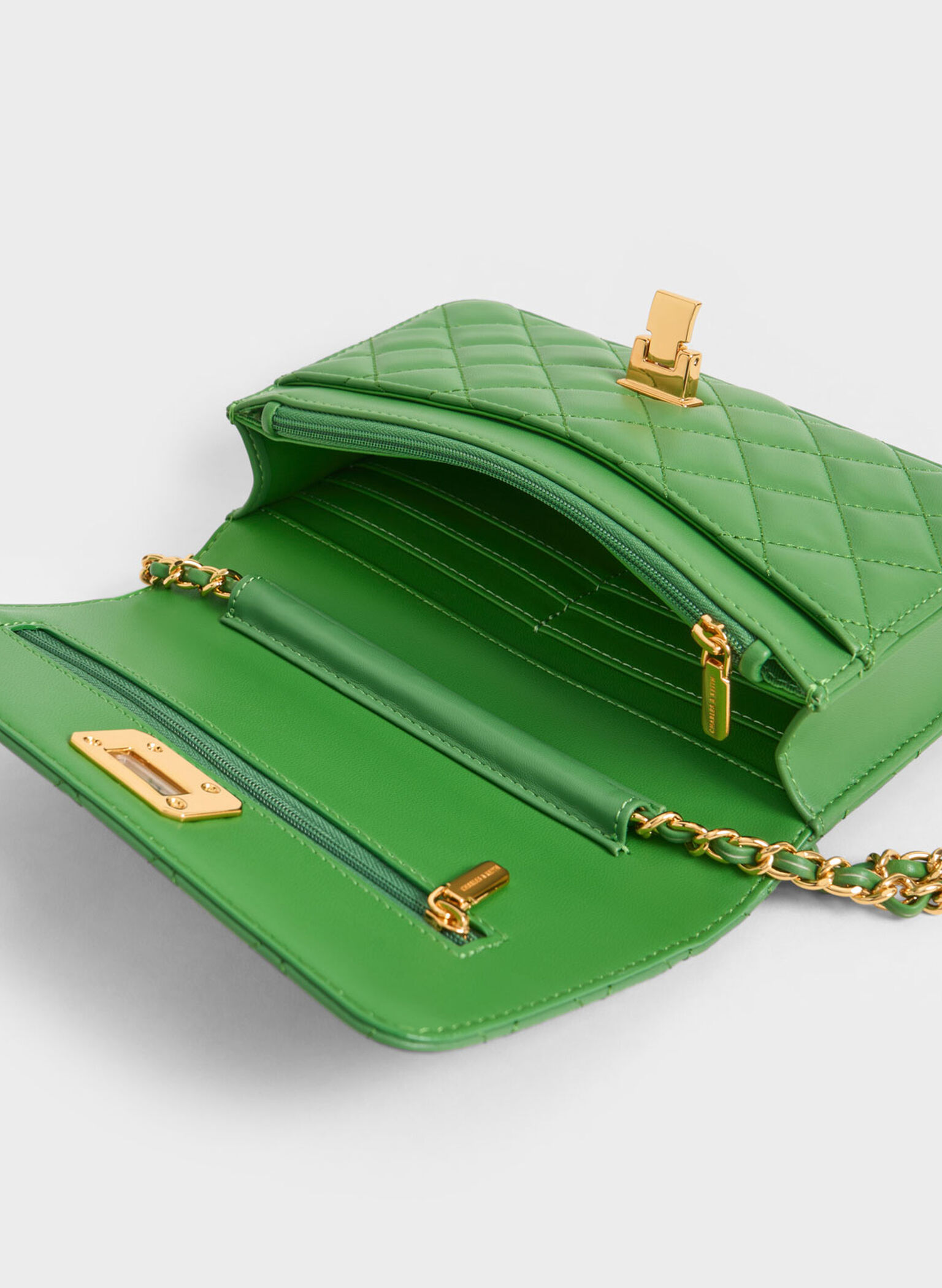 Quilted Push-Lock Clutch, Green, hi-res