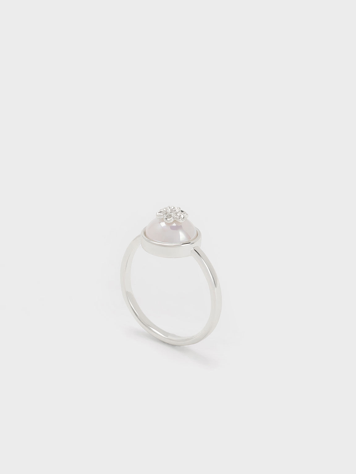 Flower-Embellished Pearl Ring, Silver, hi-res