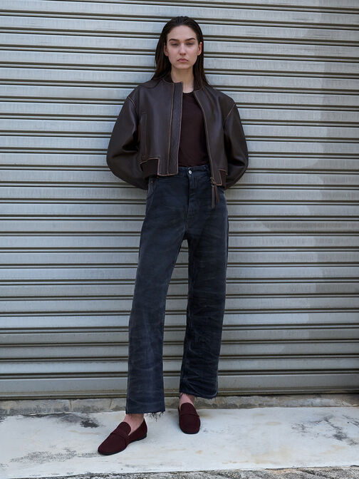 Almond-Toe Flat Loafers, Burgundy, hi-res