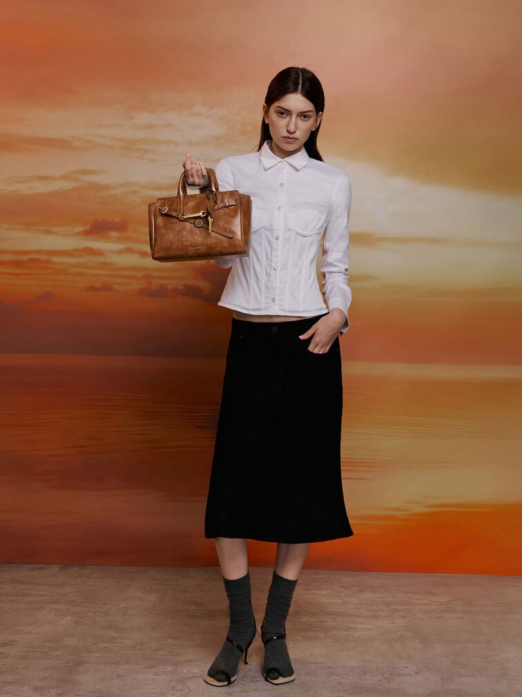 Bolso tote peque&ntilde;o Delfina con cintur&oacute;n, Distressed Tan, hi-res