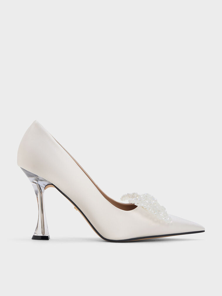 Recycled Polyester Beaded Bow Pumps, White, hi-res