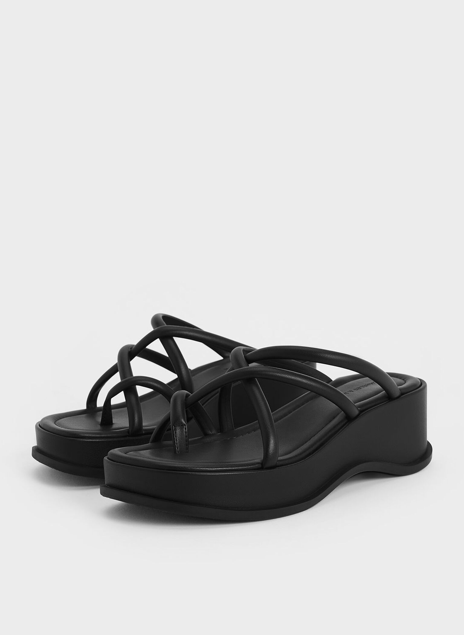 Strappy Tubular Wedge Sandals, Black, hi-res