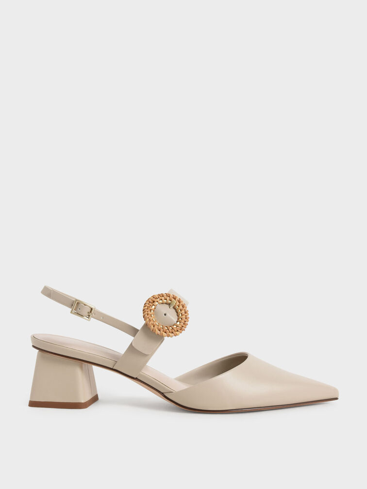 Woven Buckle Slingback Heeled Pumps, Chalk, hi-res