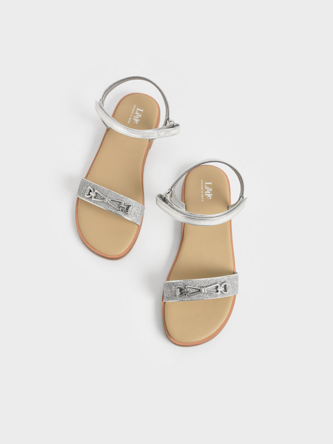 Girls' Metallic Accent Glittered Sandals, Silver, hi-res
