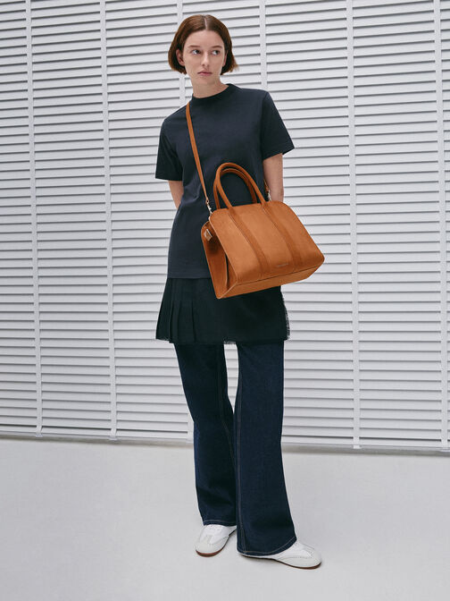 Axel Faux Suede Bowling Bag, Brown, hi-res
