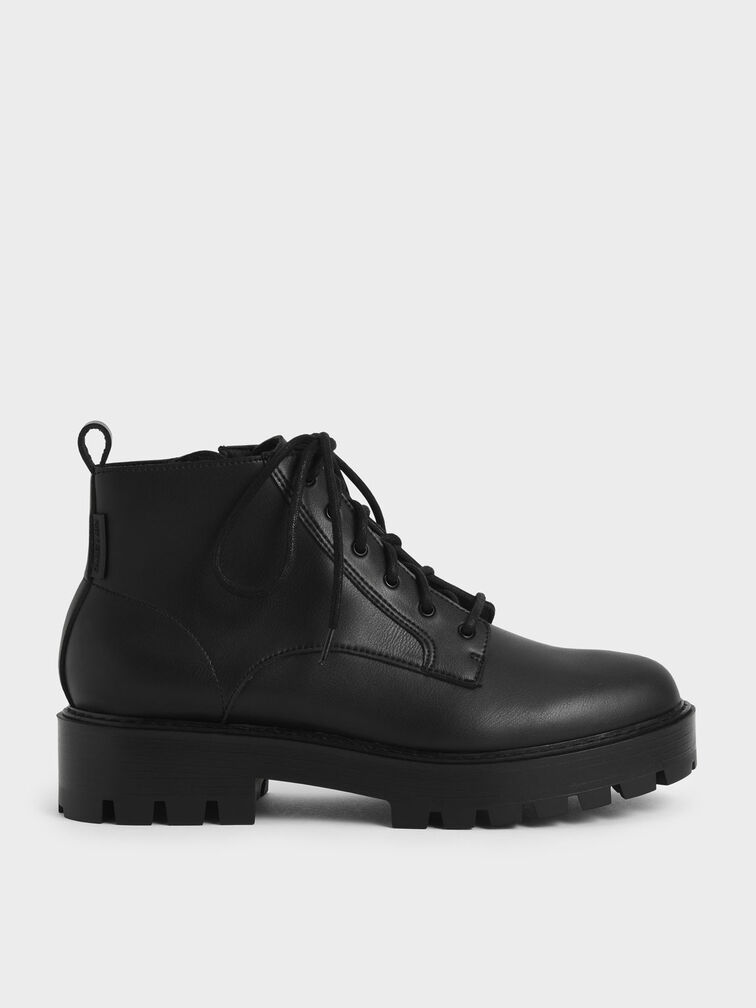 Lace-Up Chunky Ankle Boots, Black, hi-res