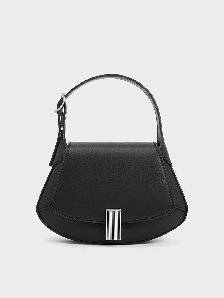 Bolso de asa superior curva con acento metálico, Negro, hi-res