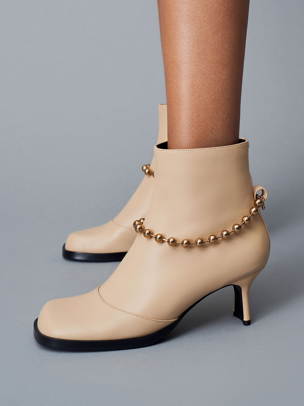 Beaded-Link Leather Ankle Boots, Sand, hi-res