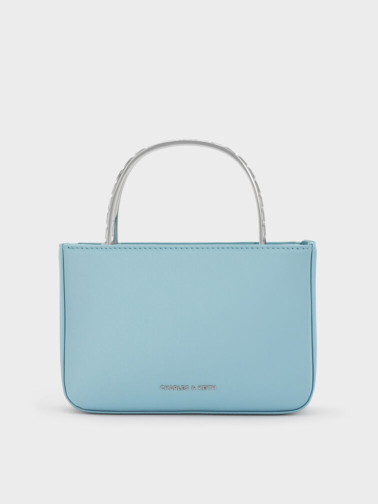 Satin Crystal-Embellished Top Handle Bag, Sky Blue, hi-res
