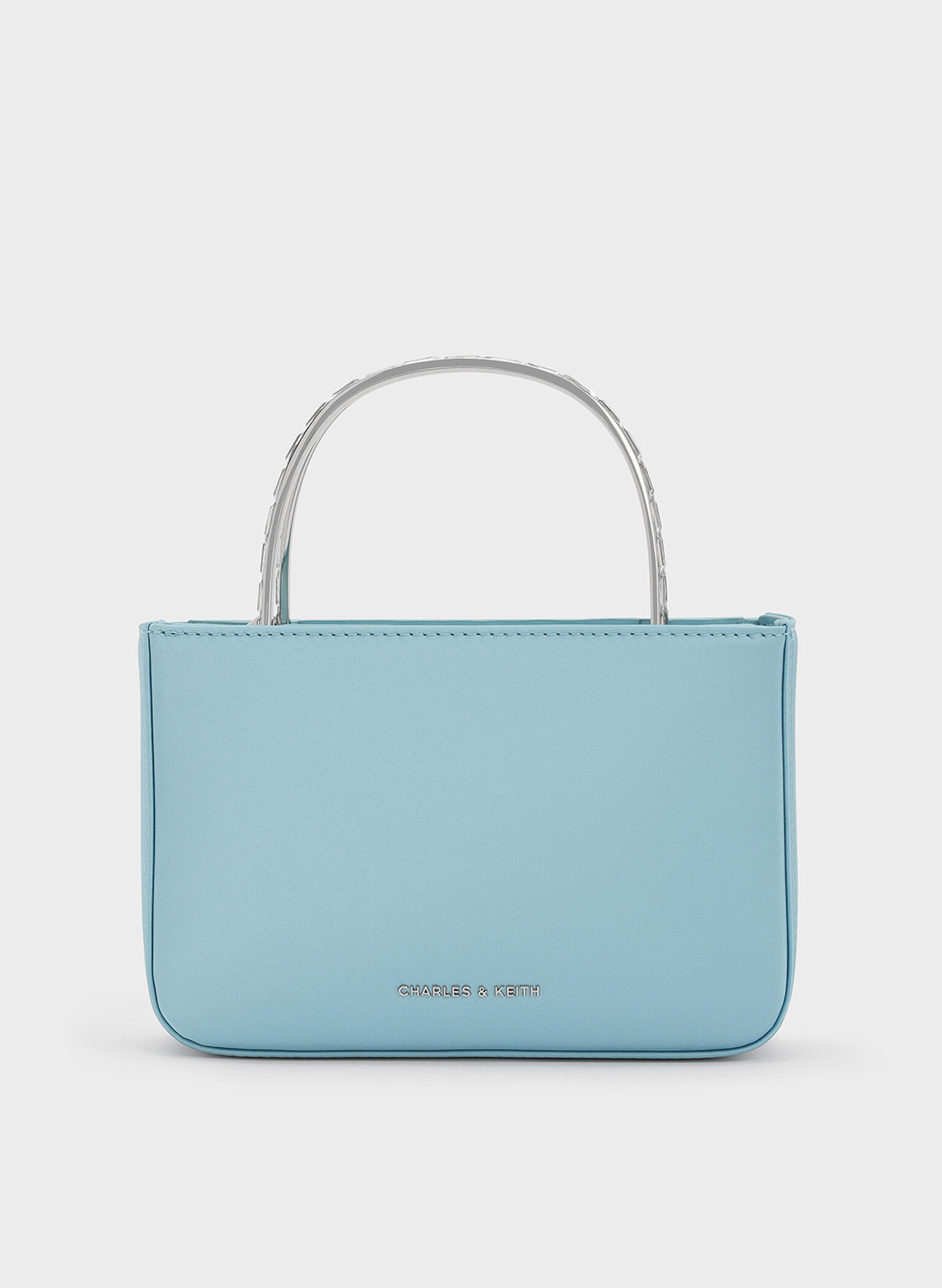 Bolso de raso con asa superior con cadena y adornos de cristal, Azul celeste, hi-res