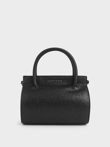 Glitter Structured Cylinder Bag, Black Textured, hi-res