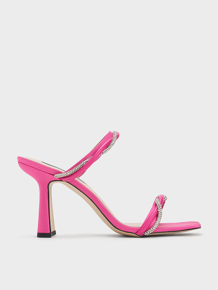 Embellished Twisted Strap Satin Sandals, Pink, hi-res