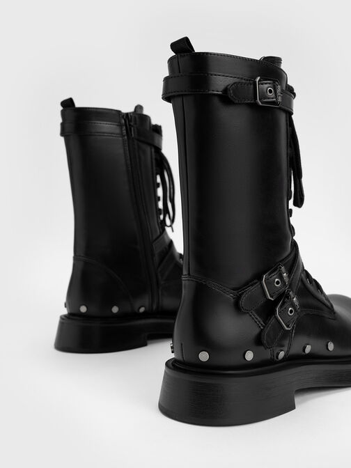 Studded & Buckled Combat Boots, Black, hi-res