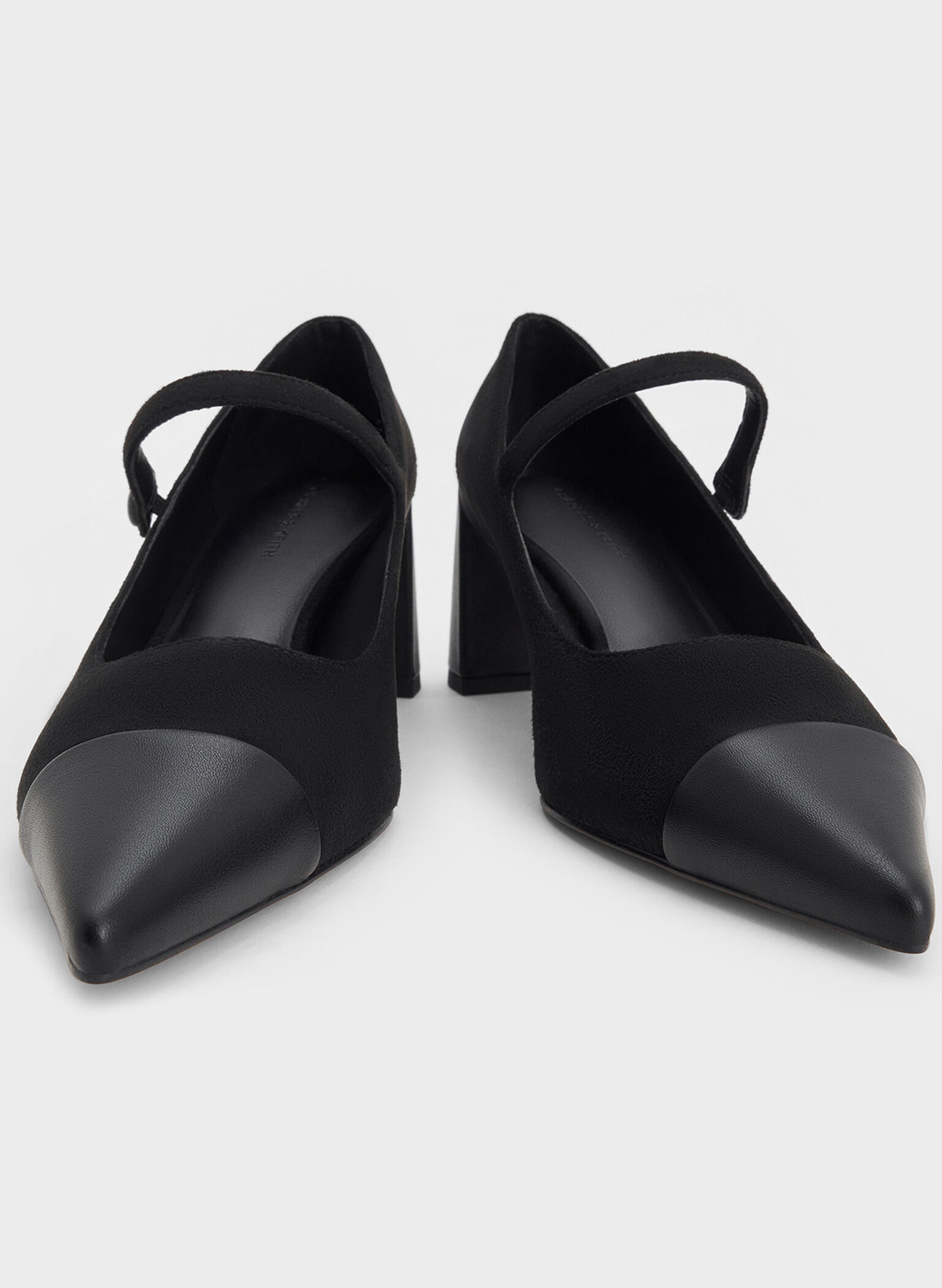 Faux Suede Cap-Toe Pointed Mary Jane Pumps, Black Textured, hi-res
