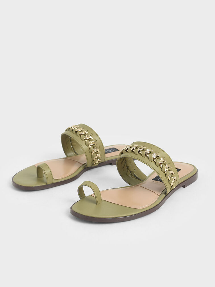Leather Chain-Link Toe Loop Sandals, Military Green, hi-res
