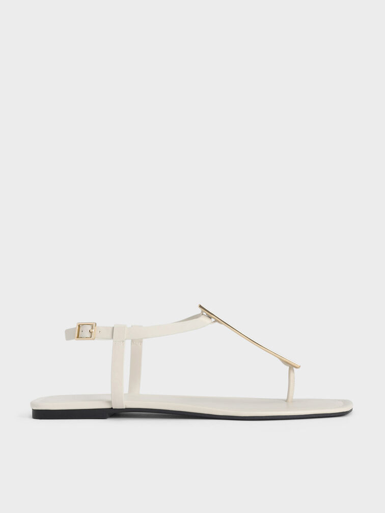 Metallic Accent T-Bar Thong Sandals, Chalk, hi-res