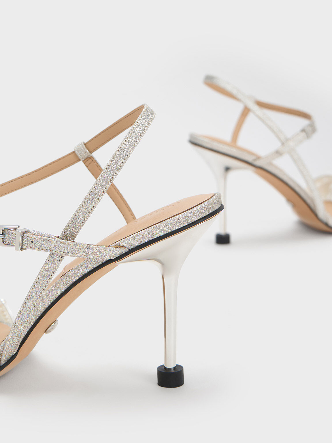 Beaded Asymmetric Glittered Sandals, Silver, hi-res