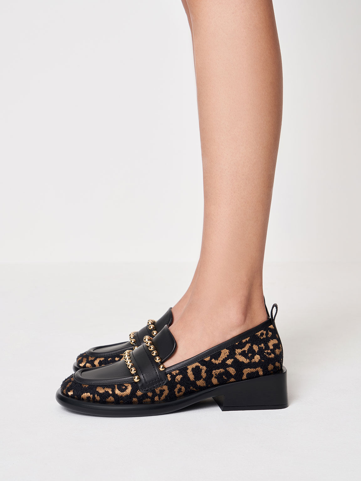 Studded Jacquard & Leather Penny Loafers, Animal Print Black, hi-res