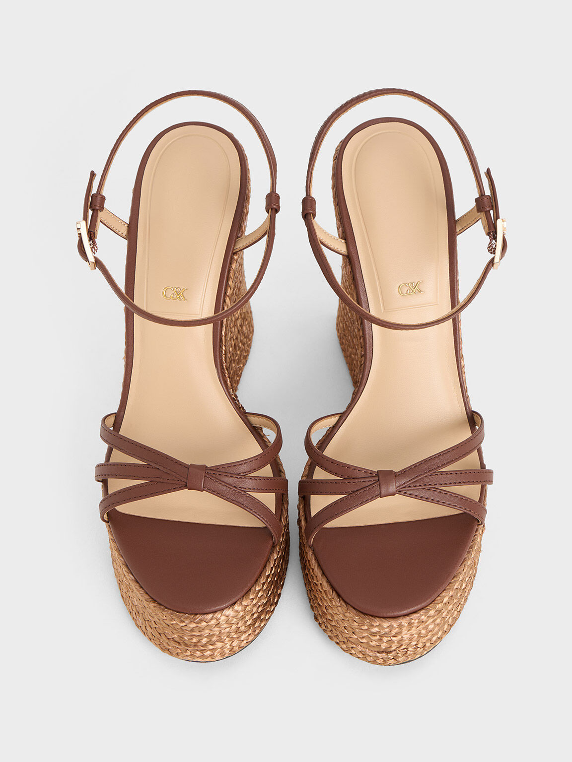 Leather Strappy Espadrille Wedges Brown