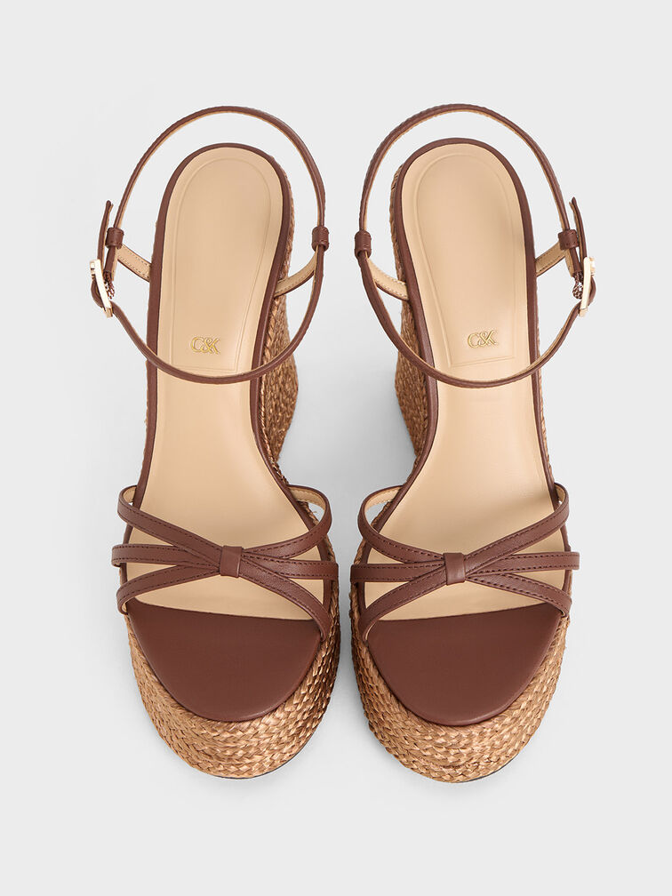 Leather Strappy Espadrille Wedges, Brown, hi-res