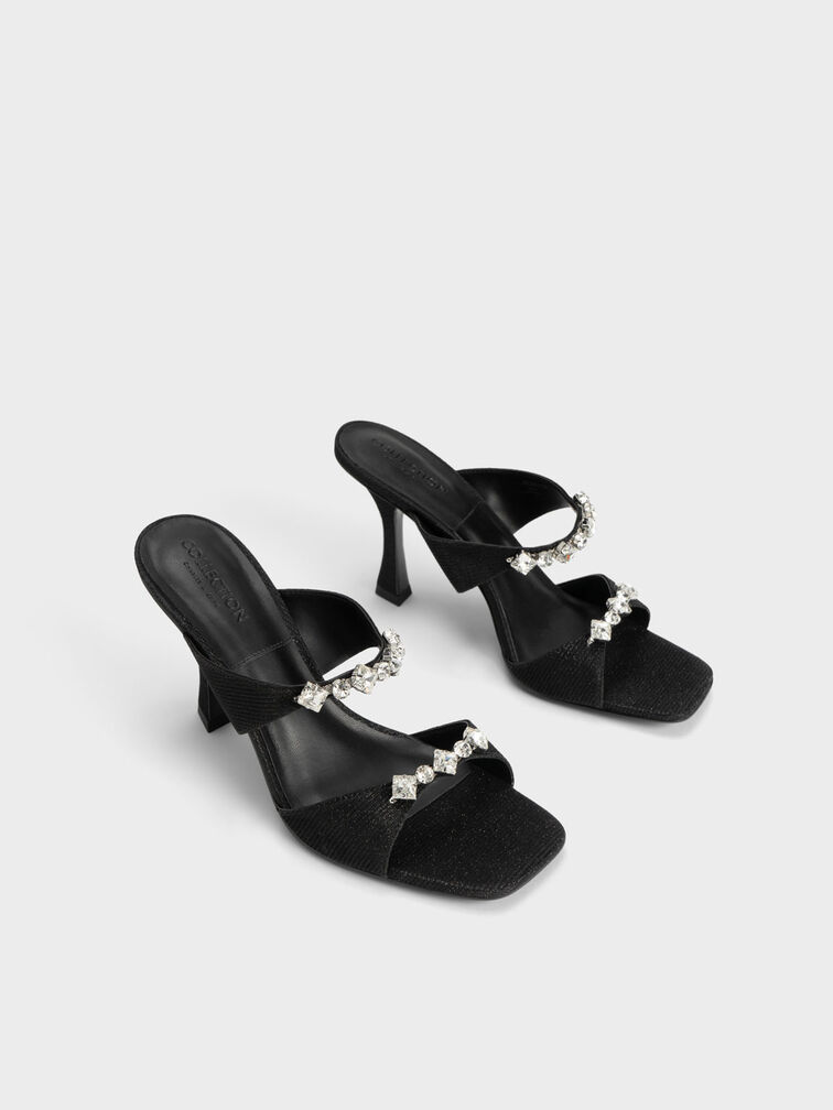 Glittered Gem-Encrusted Sandals, Black, hi-res