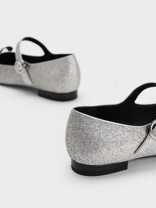 Leather Glittered Bow Mary Jane Flats, Silver, hi-res