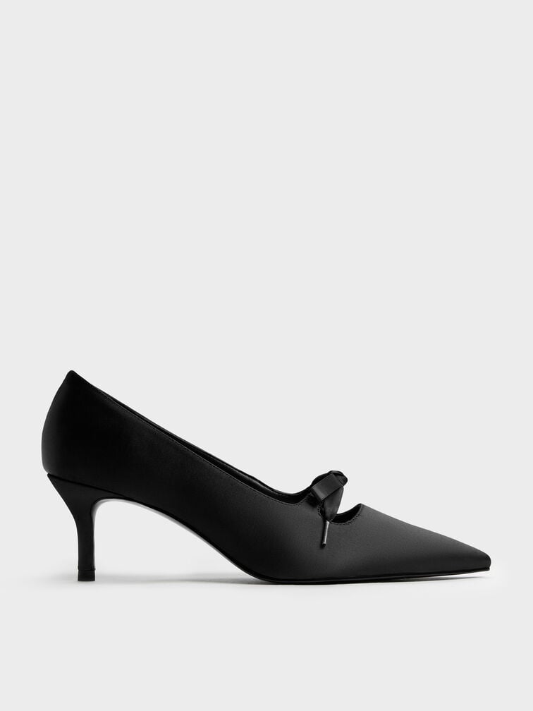 Venetia Satin Bow Pointed Pumps, Black Textured, hi-res