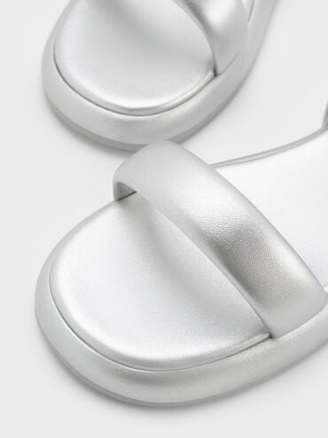 Girls' Metallic Puffy Ankle-Strap Sandals, Silver, hi-res