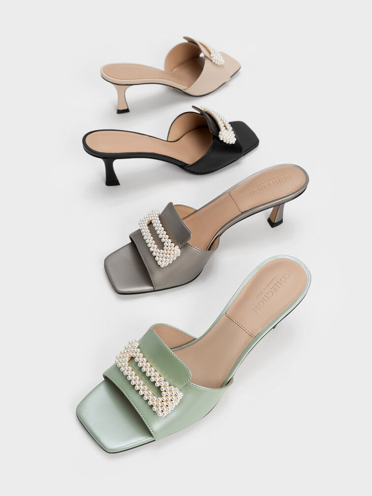 Beaded Leather Square-Toe Mules, Green, hi-res