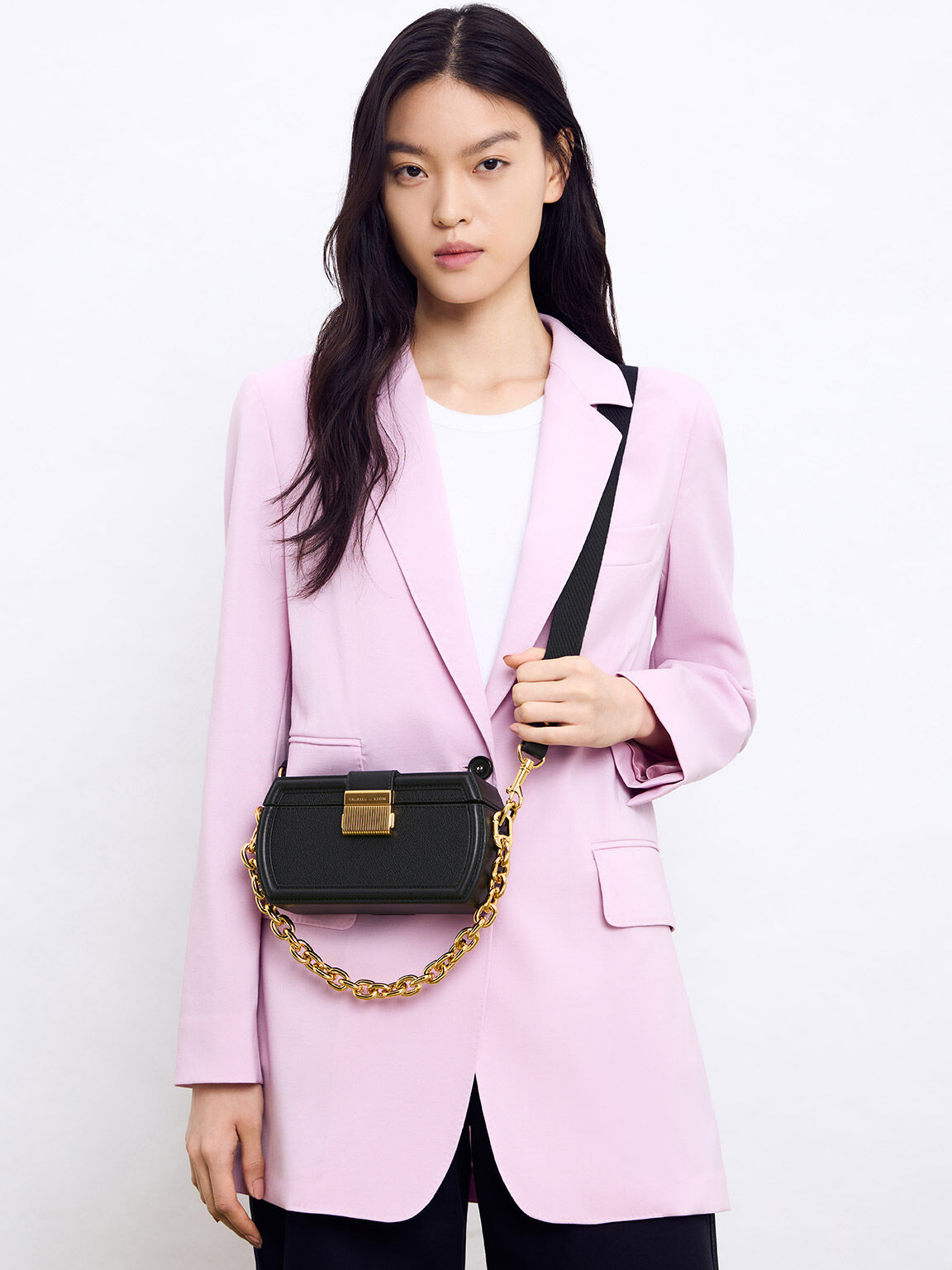 Leona Belted Geometric Clutch, Black, hi-res