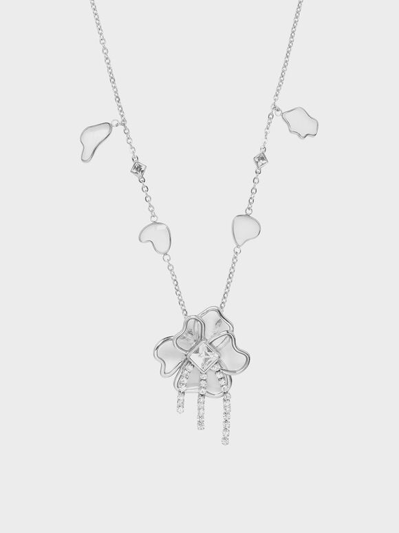 Crystal & Acrylic Petal Necklace, Silver, hi-res