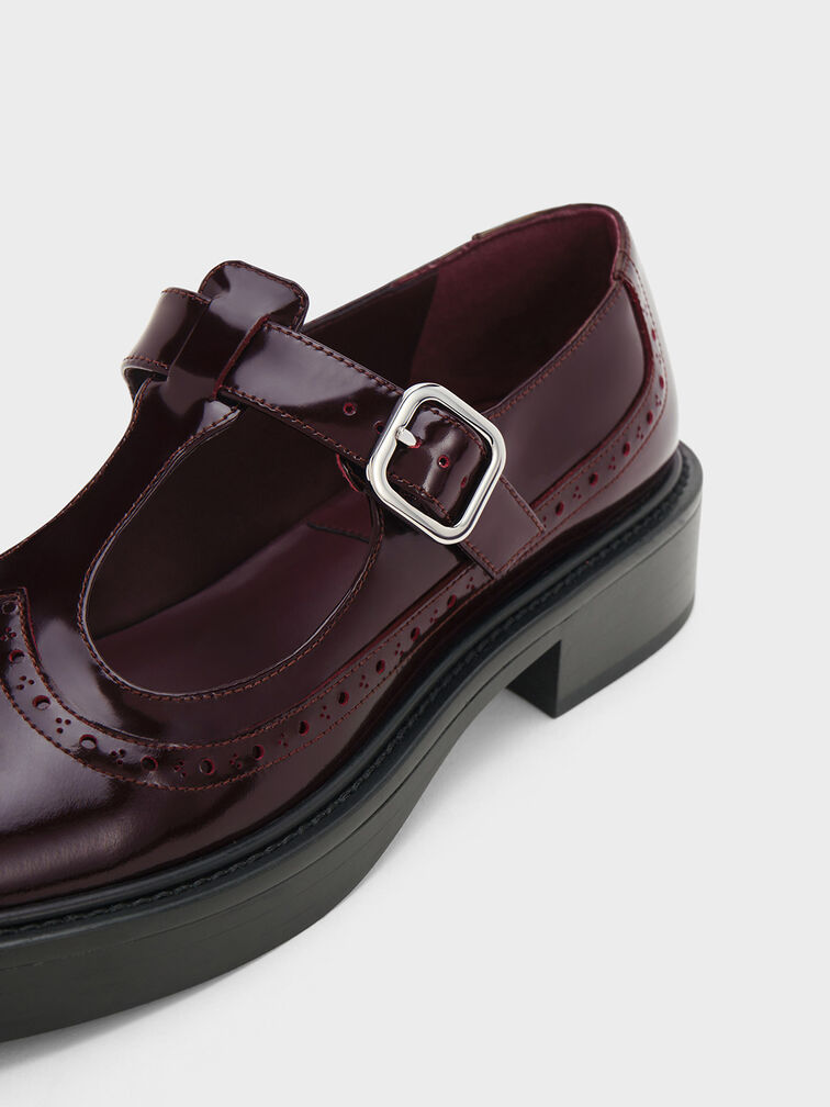 Brogue Leather T-Bar Mary Janes, Maroon, hi-res