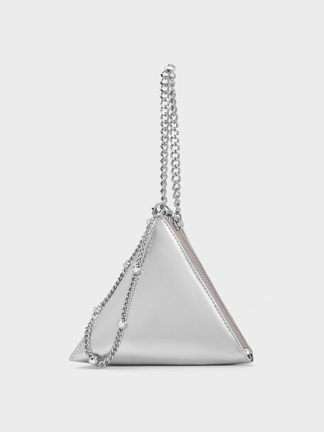 Clutch piramidal con asa de cadena, Silver, hi-res