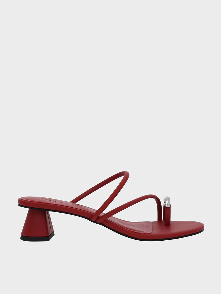 Metallic-Accent Strappy Toe-Ring Heeled Sandals, Red, hi-res