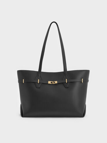 Arlet Double-Handle Belted Tote bag, Black, hi-res