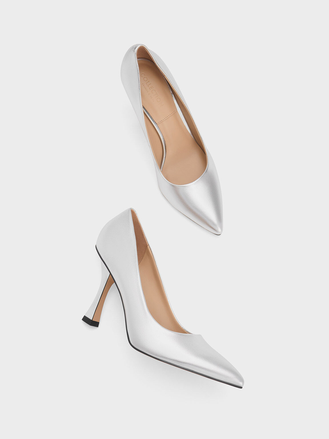 Metallic Leather Flare Heel Pumps, Silver, hi-res