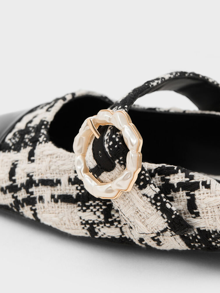 Tweed Pearl Buckle Mary Jane Mules, Black, hi-res