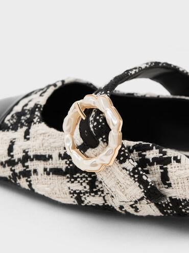 Tweed Pearl Buckle Mary Jane Mules, Black, hi-res